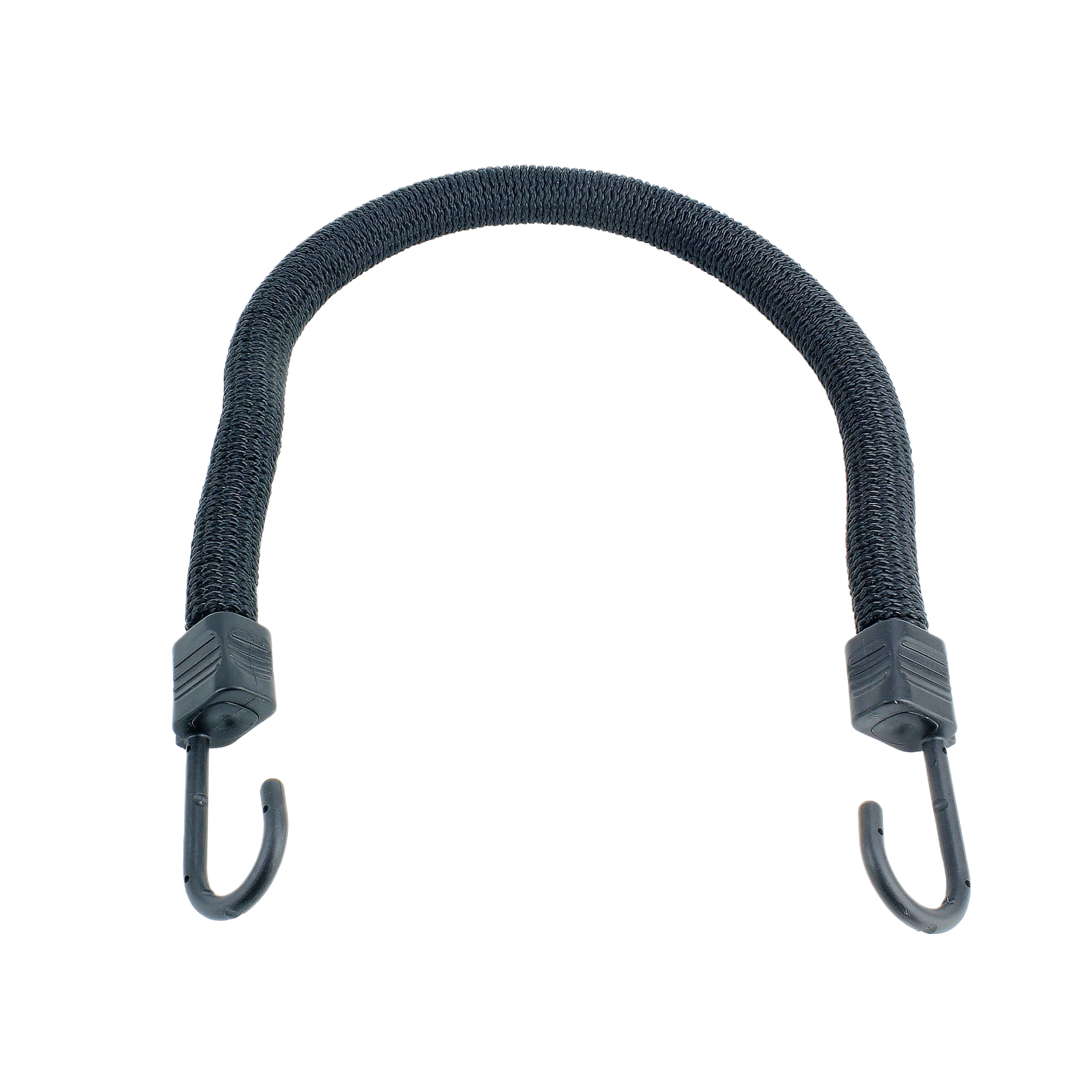 Black elastic cord with molded hooks on both ends for securing items in home improvement and tool use