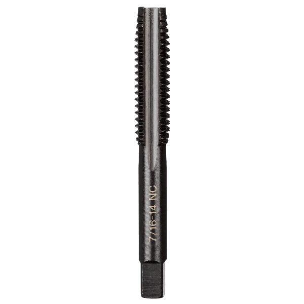 Steel straight flute plug tap with laser-etched sizing for creating precise internal threads in tool accessories collection