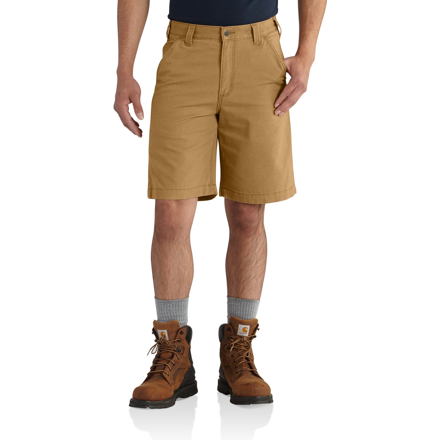 Men’s sturdy rugged flex canvas shorts in hickory color with relaxed fit designed for durable workwear use