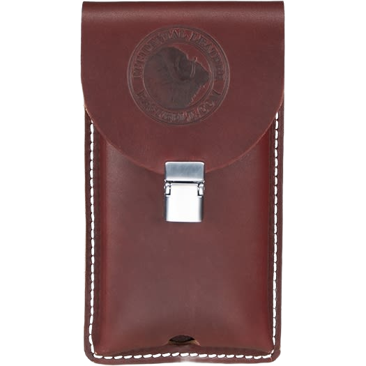 Brown Latigo leather holder with metal clasp, designed for tool storage and workshop organization accessories