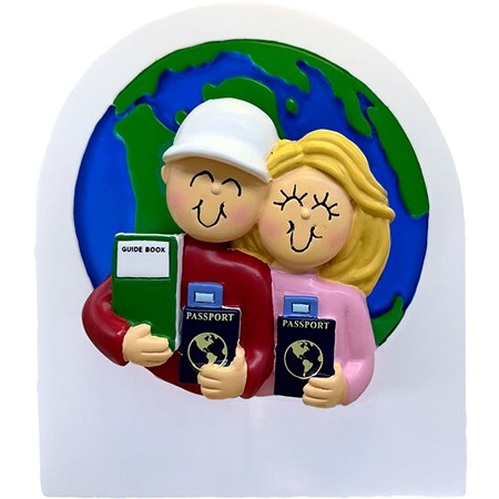Blonde couple holding passports and guide book in front of globe, Christmas Ornaments & Tree Decorations under $50 collection
