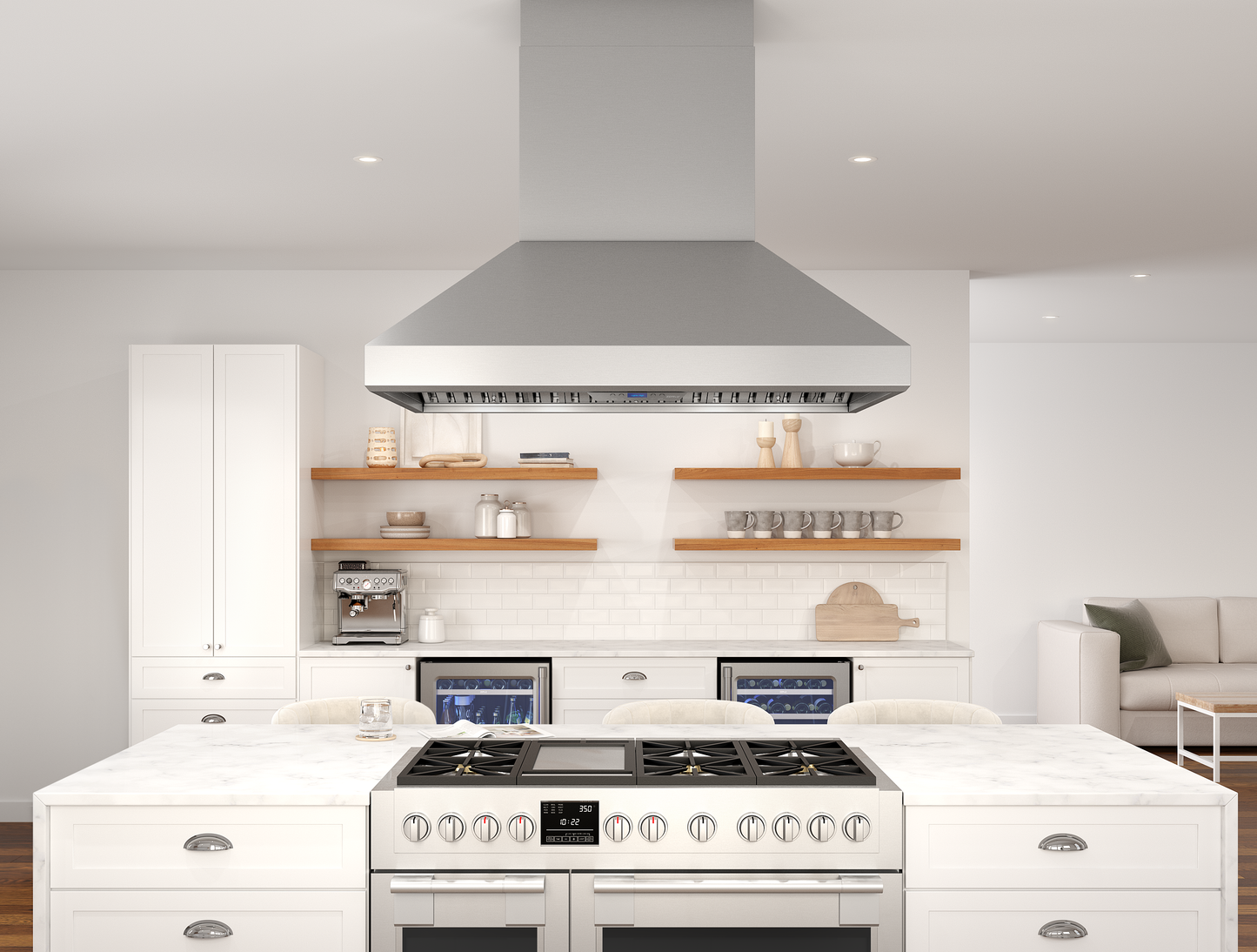 stainless steel island range hood with powerful blower and modern design in kitchen and home improvement appliances