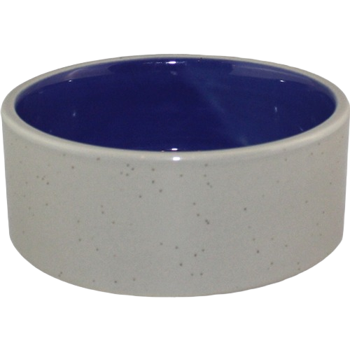 Ceramic pet food bowl with blue glossy interior and speckled white exterior, ideal for small pets under $25