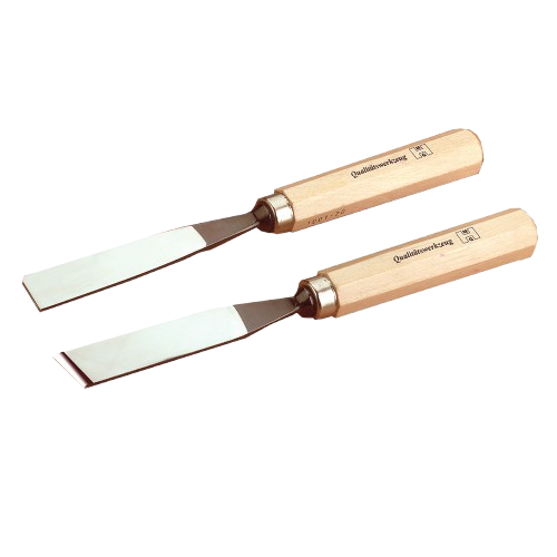 Pair of woodworking chisels with light wooden handles and steel blades designed for precise carving tasks