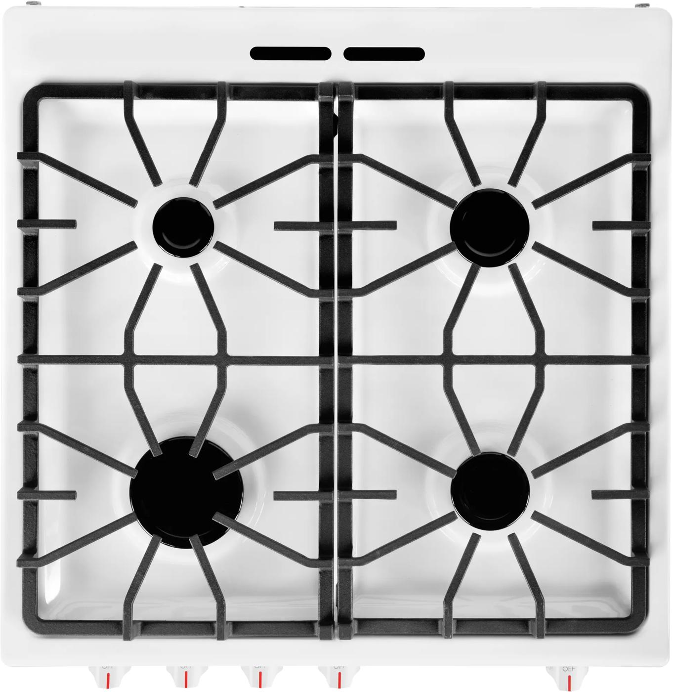 white freestanding gas cooktop with four burners and continuous grates in kitchen appliances collection