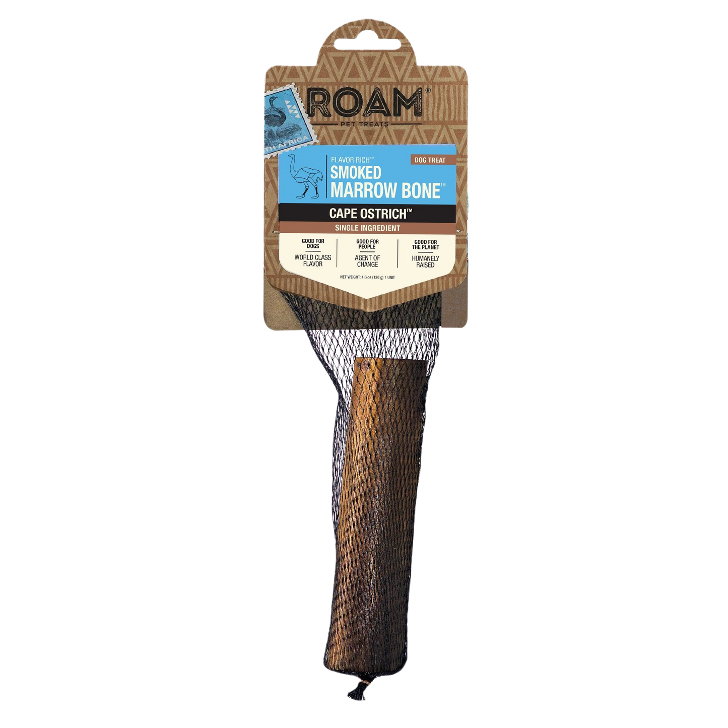 Large smoked marrow bone dog chew made from Cape ostrich, packaged in branded mesh wrap for pets