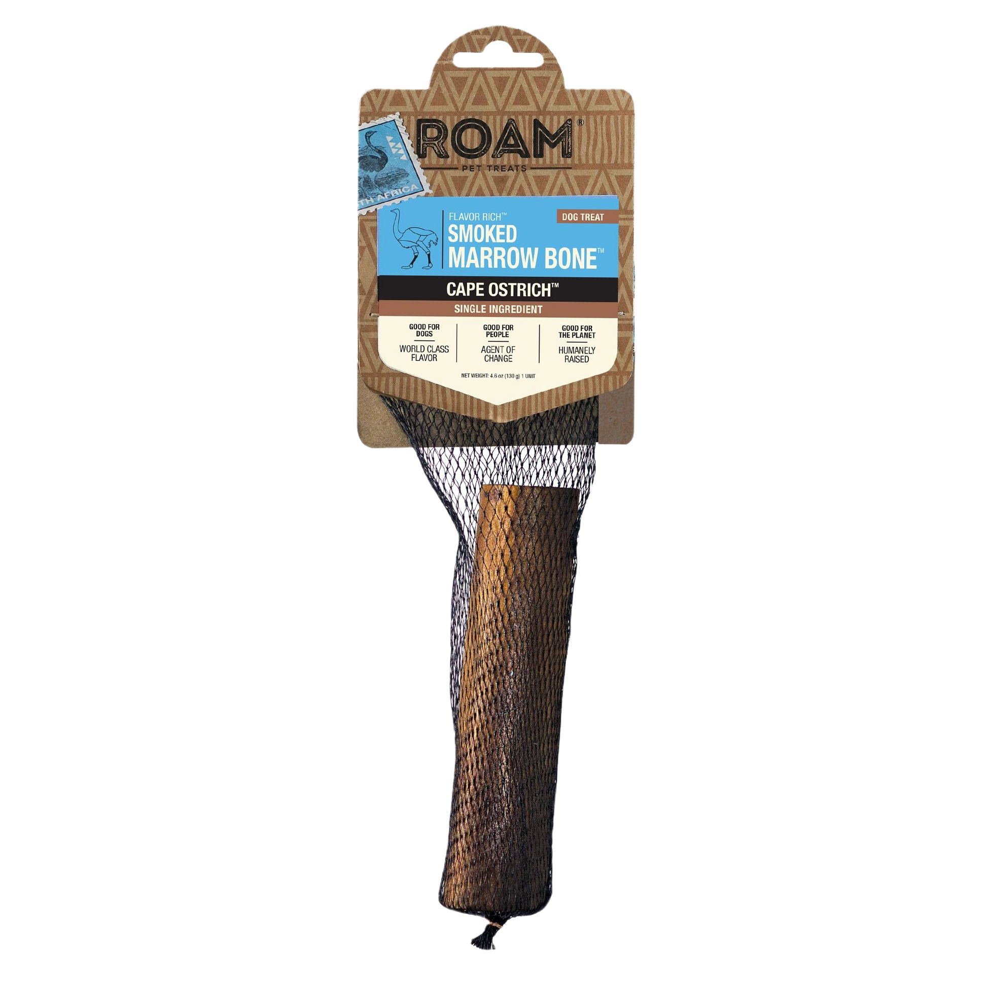 Large smoked marrow bone dog chew made from Cape ostrich, packaged in branded mesh wrap for pets