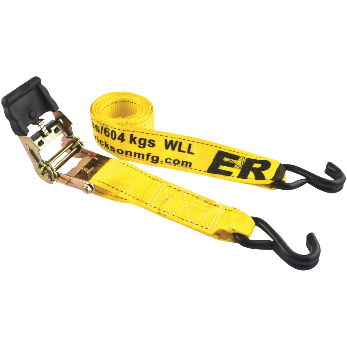 Yellow ratchet strap with rubber handle and black metal hooks for securing loads in tools and home improvement tasks