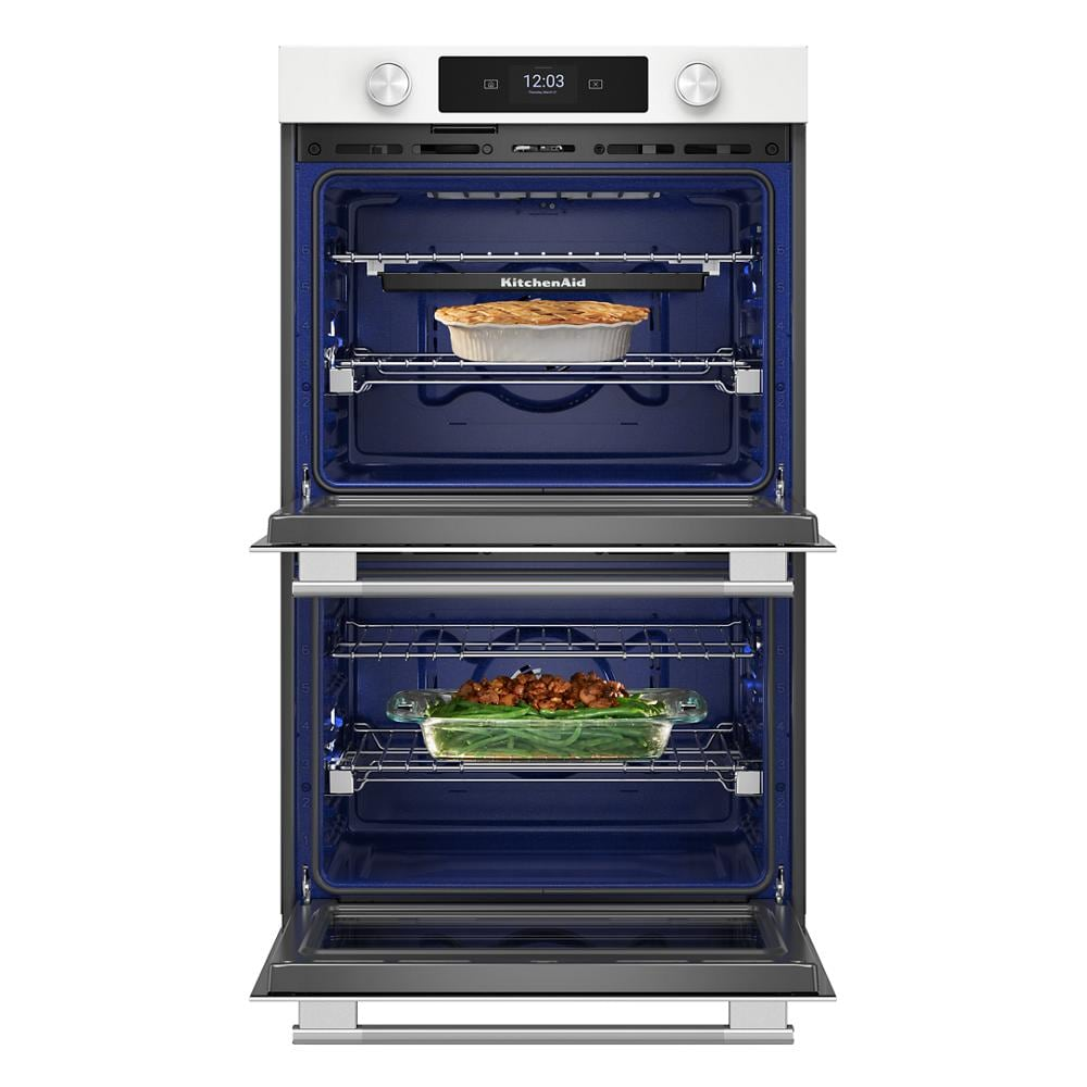 White 30-inch smart electric double wall oven with touchscreen, backlit knobs, and blue interior from KitchenAid collection