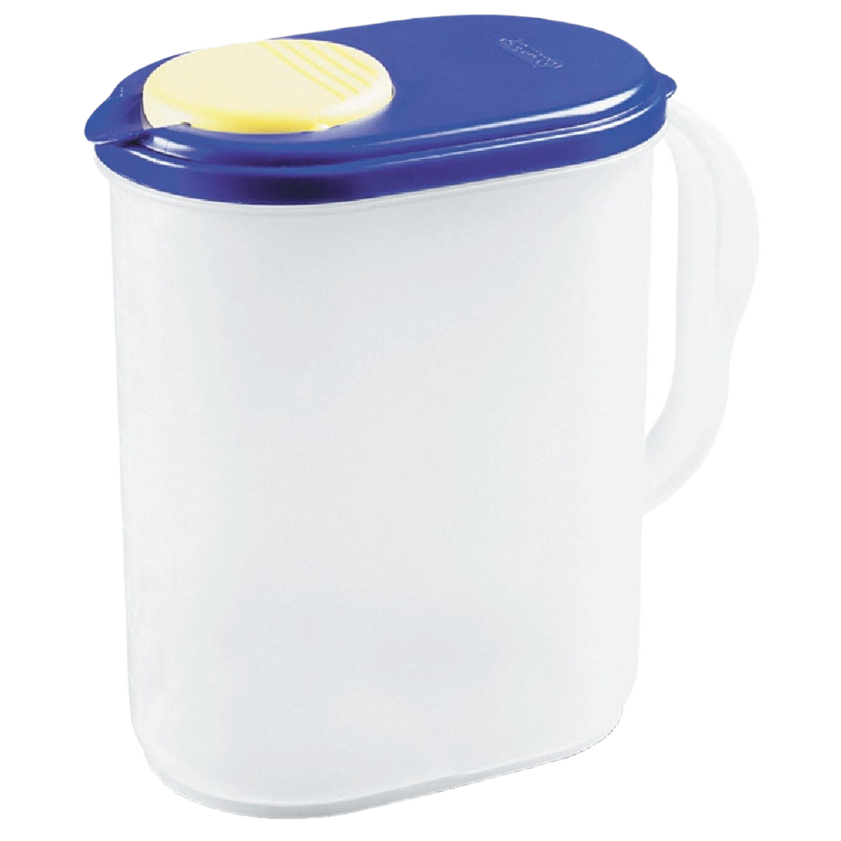 White plastic pitcher with blue lid and yellow flip-top spout, designed for easy pouring and storage
