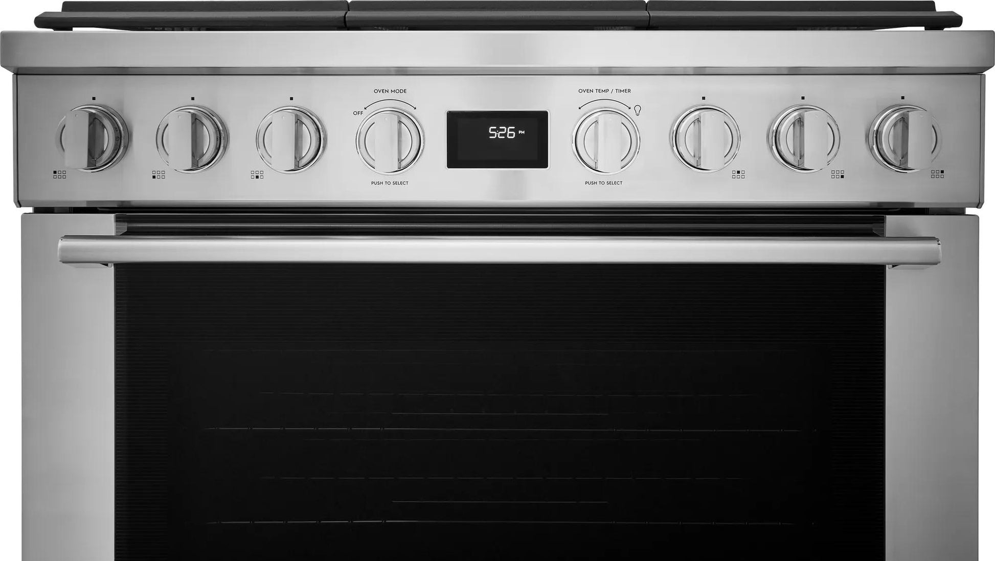 Stainless steel freestanding gas range with front controls, digital display, and multiple burner control knobs from kitchen appliances collection