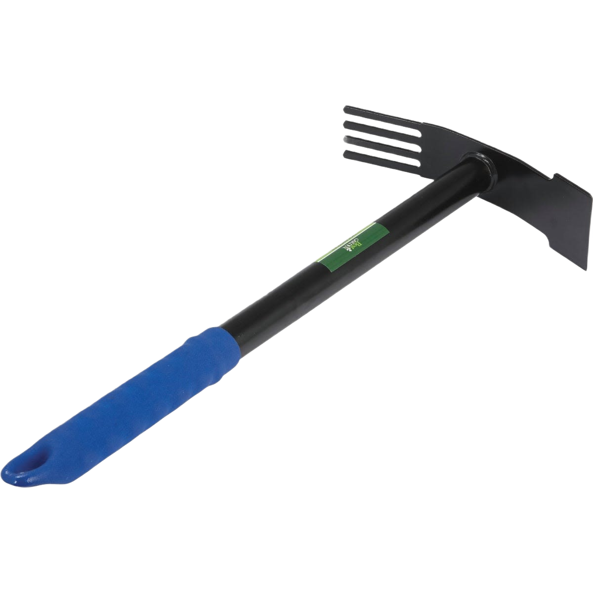 Garden hand tool with blue cushioned grip and black metal cultivator and mattock head for soil loosening and weeding tasks