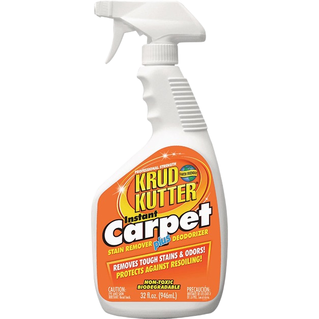 White spray bottle of carpet stain remover and deodorizer with orange label for floor cleaning and home care