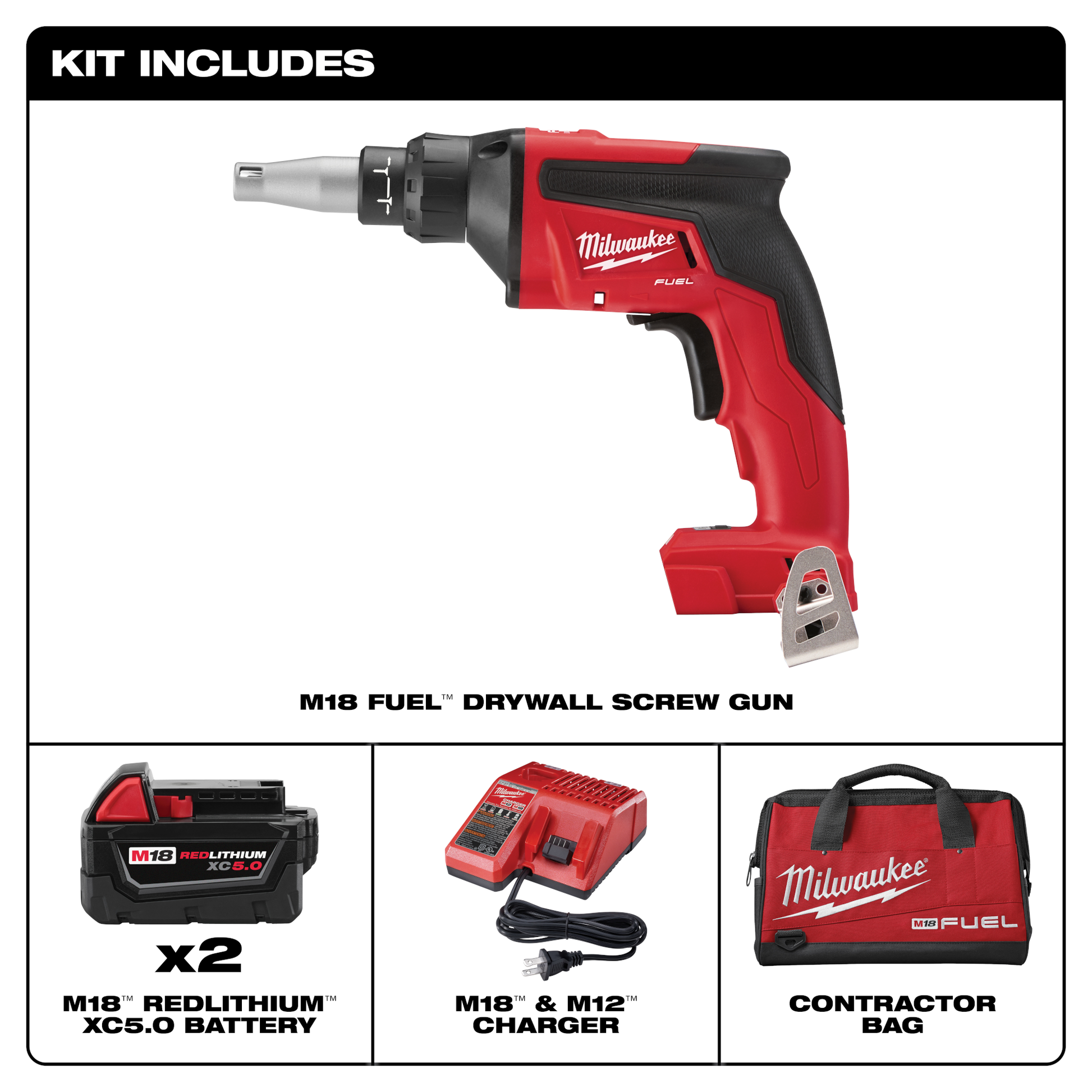 Red and black Milwaukee M18 FUEL drywall screw gun kit with two batteries, charger, and contractor bag for home improvement tools