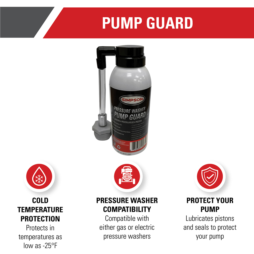Bottle of Simpson pump guard lubricant with nozzle attachment for protecting pressure washer pumps in tool accessories and power tool collections