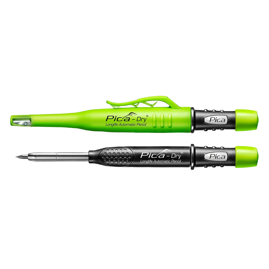 Two Pica Dry Longlife Automatic Pencils in green and black, designed for woodworking and home improvement tasks