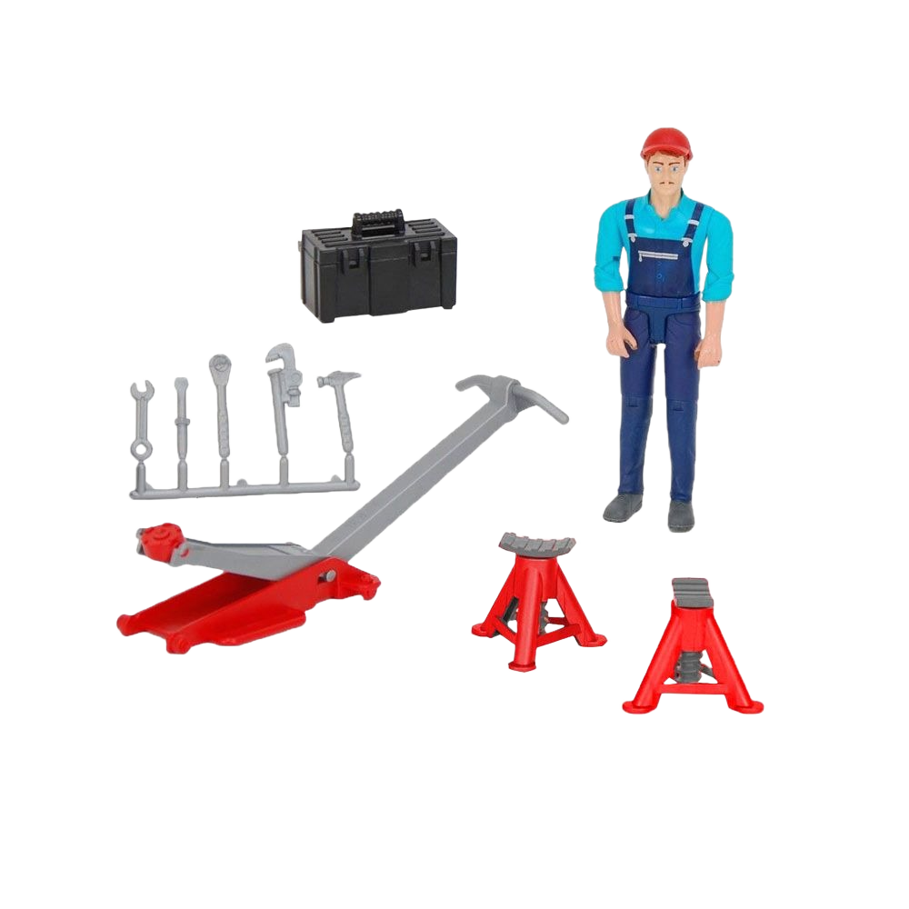 Toy mechanic figure with repair tools, red jack stands, hydraulic jack, and black toolbox for pretend home improvement play