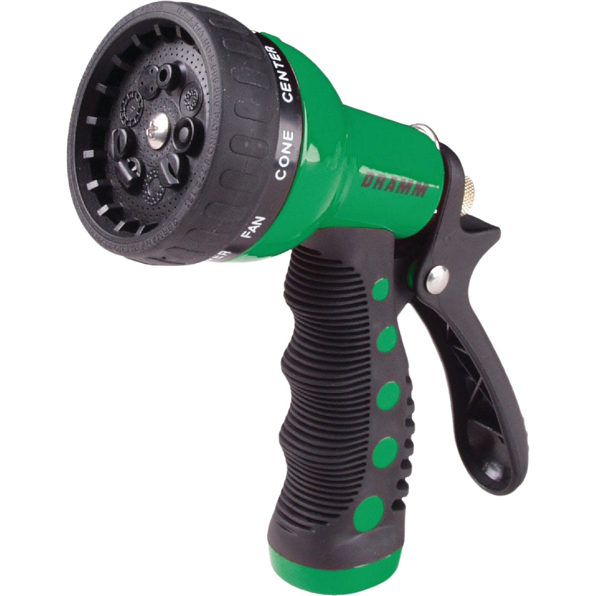 Green heavy-duty metal watering nozzle with nine spray patterns for lawn and garden irrigation and home improvement tools use