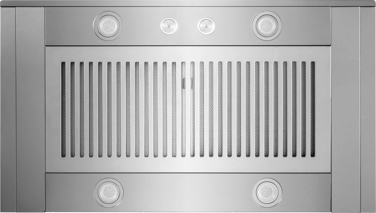 Top view of stainless steel under cabinet range hood with vent grille and integrated lights in kitchen appliances collection