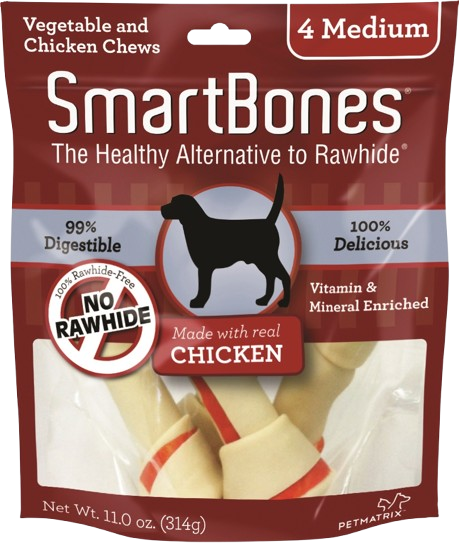 Bag of medium-sized vegetable and chicken dog chews with emphasis on no rawhide and real chicken ingredients