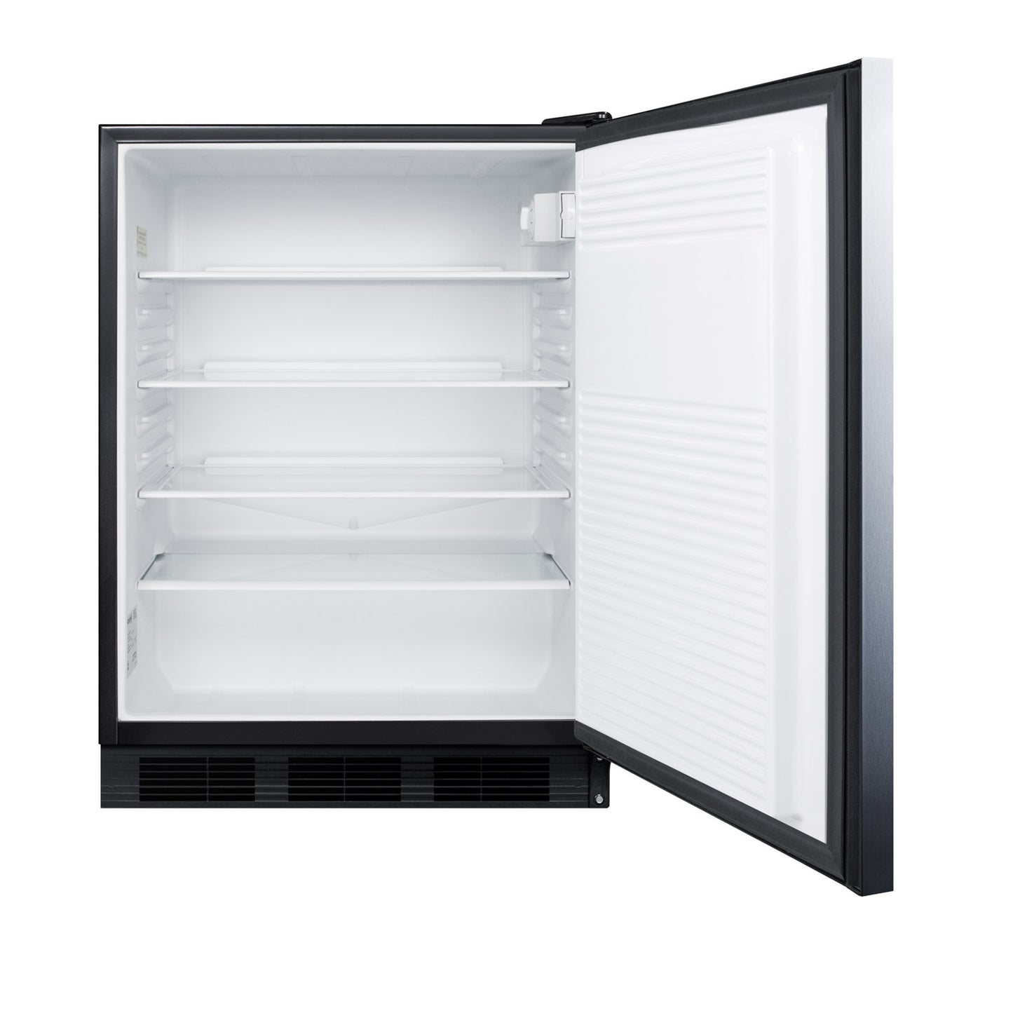 Open black-framed 24-inch all-refrigerator showing empty white interior with shelves in the appliances category