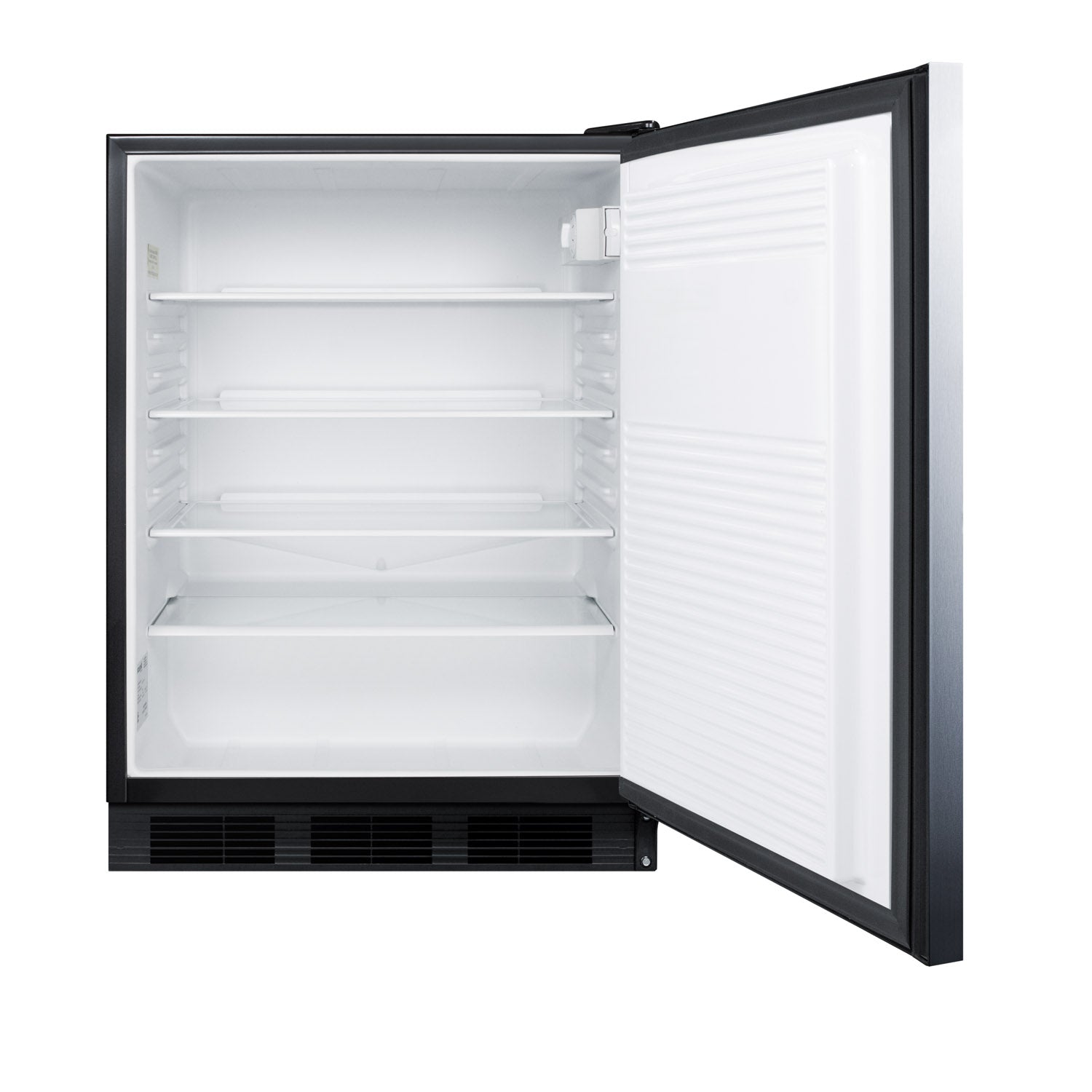 Open black-framed 24-inch all-refrigerator showing empty white interior with shelves in the appliances category