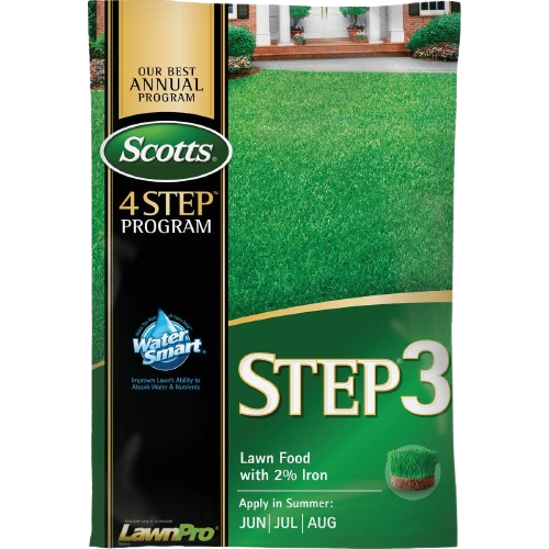 Green lawn fertilizer bag featuring Scotts 4 Step Program Step 3 with 2% Iron for summer lawn care and garden maintenance