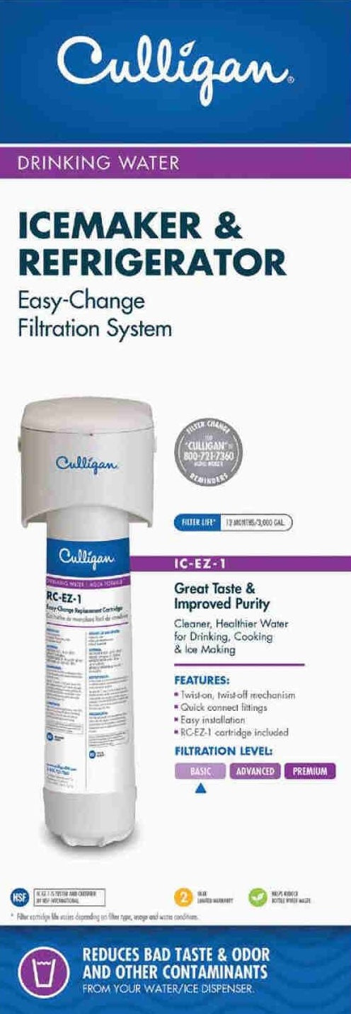 Vertical Culligan water filter cartridge in white with blue label for refrigerator and icemaker filtration systems