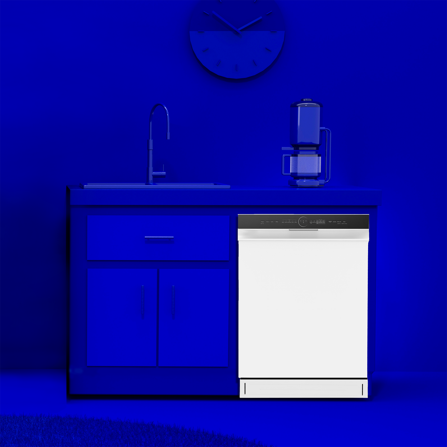 White front control hybrid dishwasher integrated into blue kitchen setting with faucet, countertop, and blender in Appliances collection