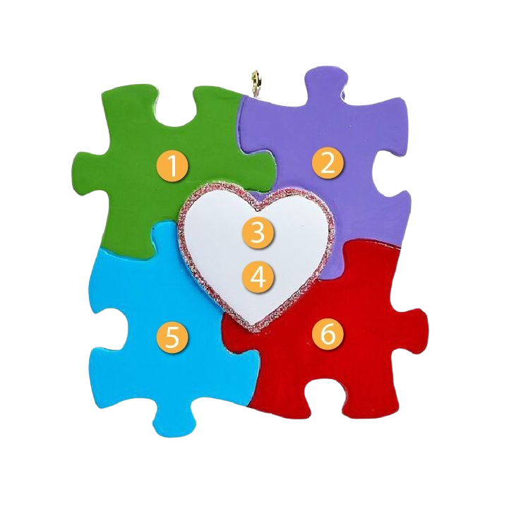 Colorful autism puzzle pieces forming a square with a central glittered heart in Christmas Ornaments & Tree Decorations collection