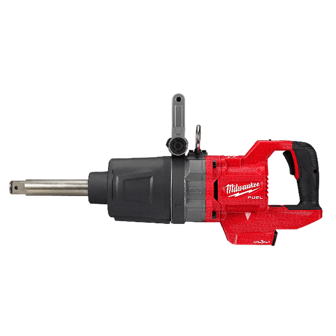 Red and black high torque cordless impact wrench with D-handle grip for tools and home improvement use
