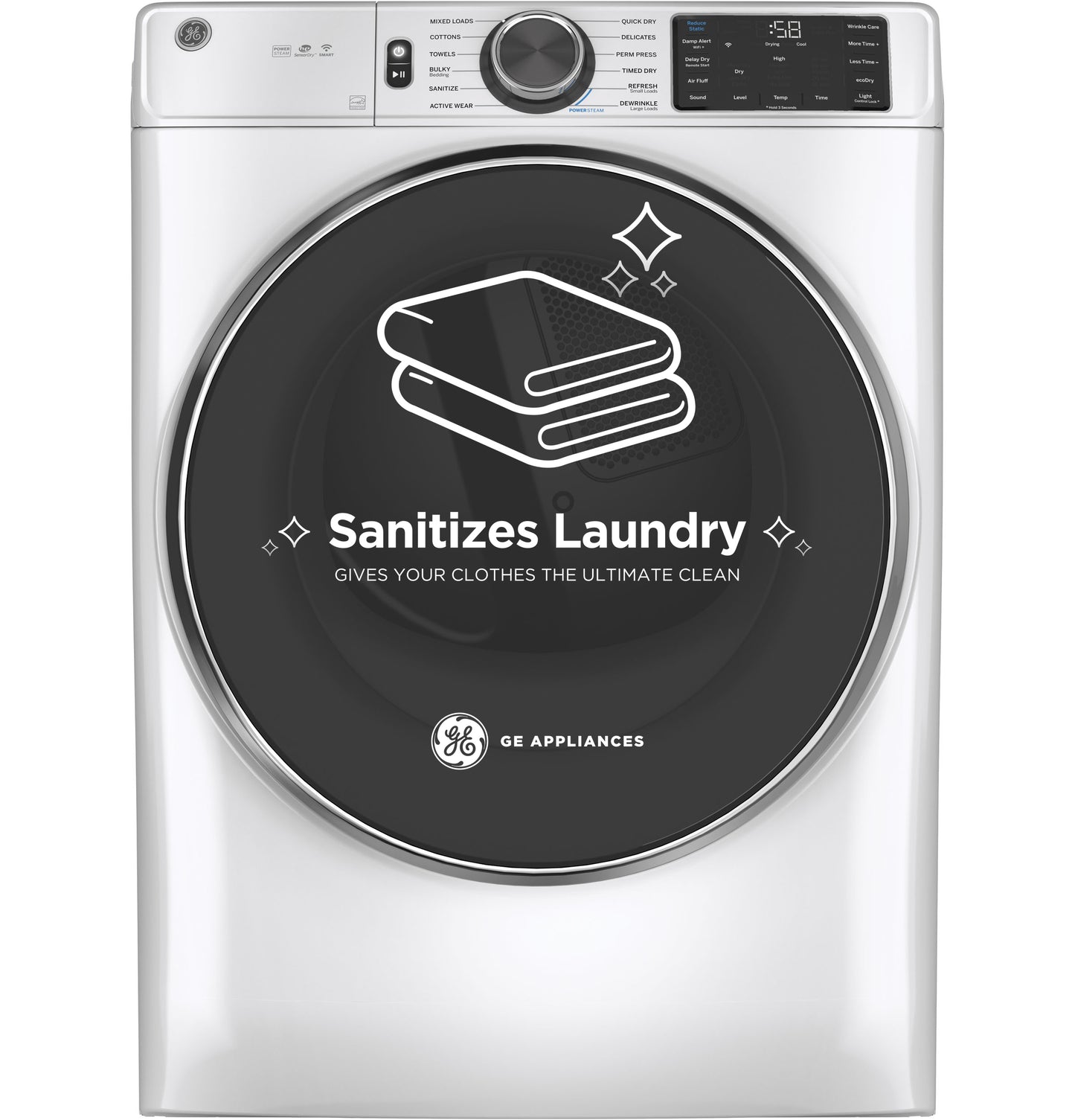 White front load electric dryer with large circular door featuring sanitize laundry graphic and digital control panel