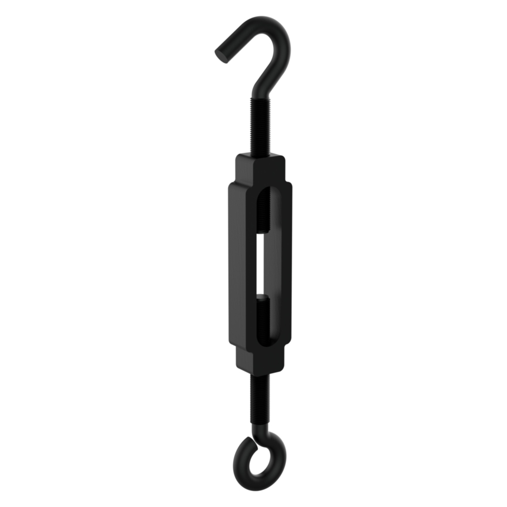 Black finished hook and eye turnbuckle for tension adjustment in storage, racks, and garage organization under $50
