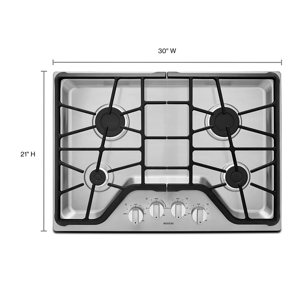 30-inch wide stainless steel gas cooktop featuring five burners with front control knobs and heavy-duty grates, ideal for Cooktops and Kitchen & Kitchenware collections.