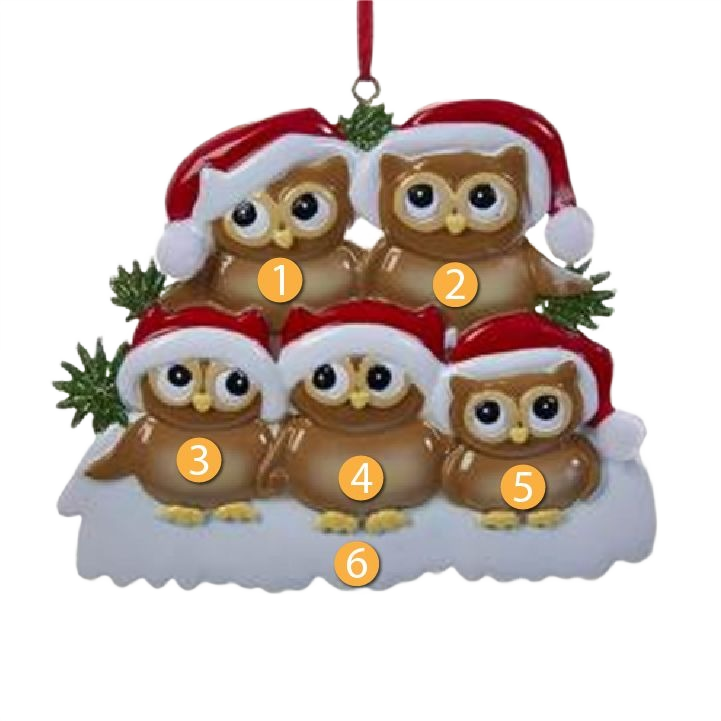Ceramic family of five owl figurines wearing red Santa hats arranged on snowy base Christmas ornament