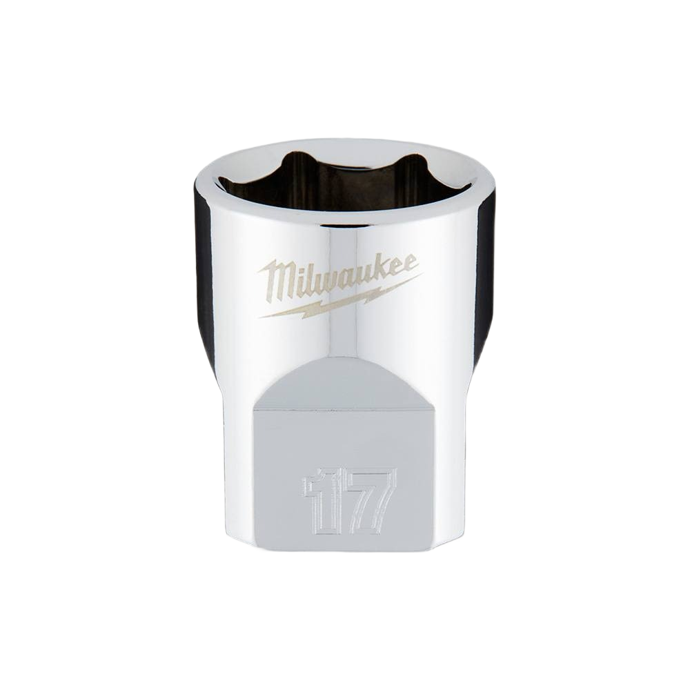 Polished chrome 17-mm 6-point socket with FOUR FLAT™ sides for driving fasteners in tools and home improvement tasks