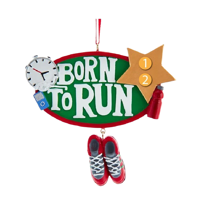 Green and red personalized running ornament with sneakers, stopwatch, star, and water bottle for home decor gift
