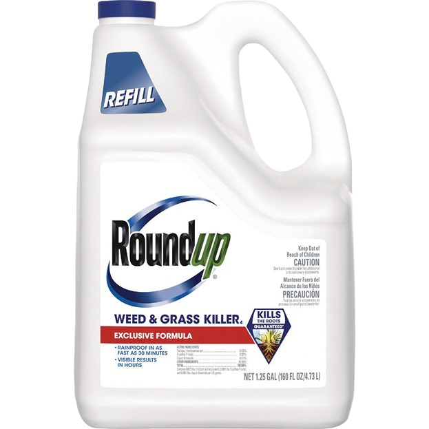 White 1.25-gallon container of weed and grass killer refill featuring exclusive formula for lawn care needs