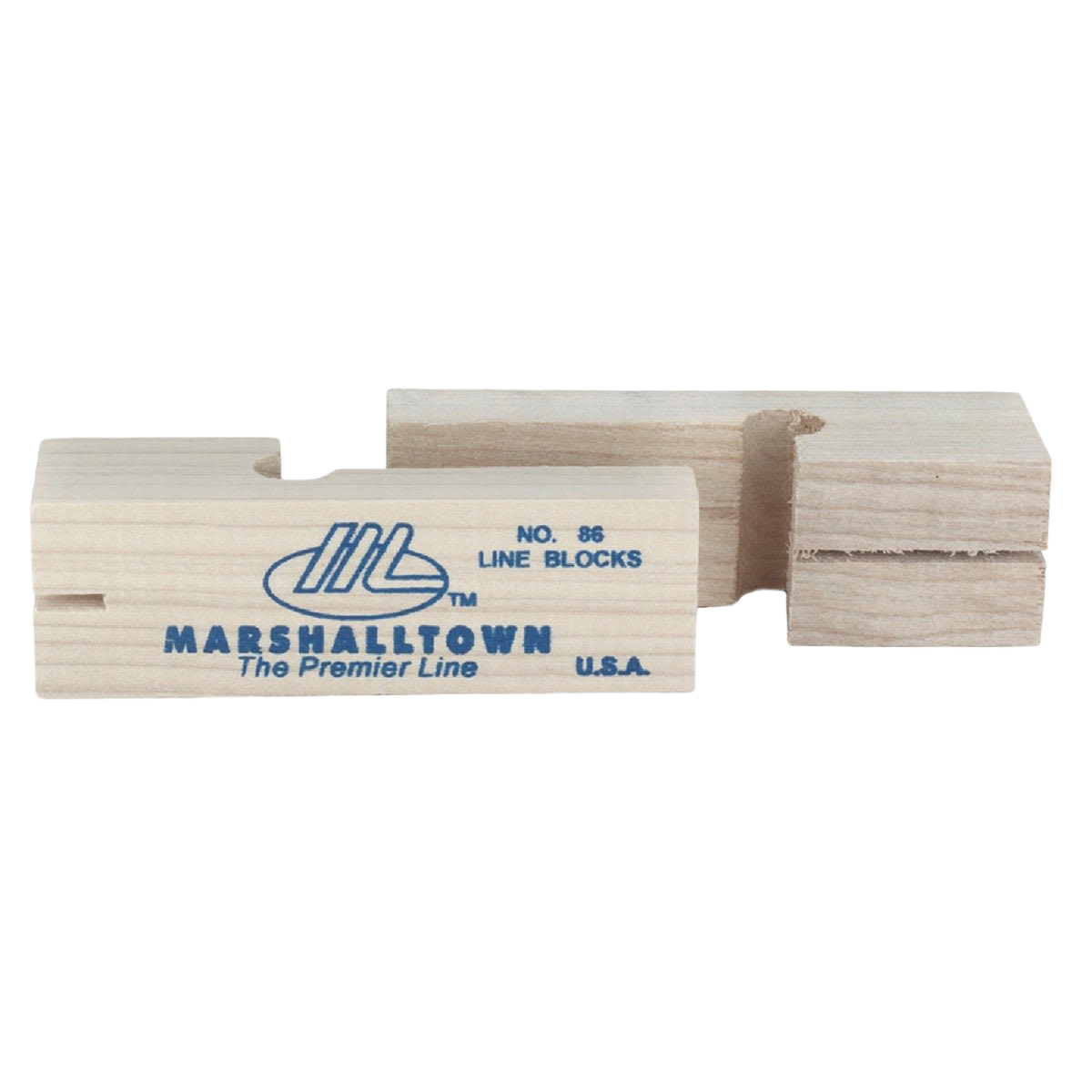 Pair of light wooden line blocks with blue branding for precise layout in tools and home improvement projects
