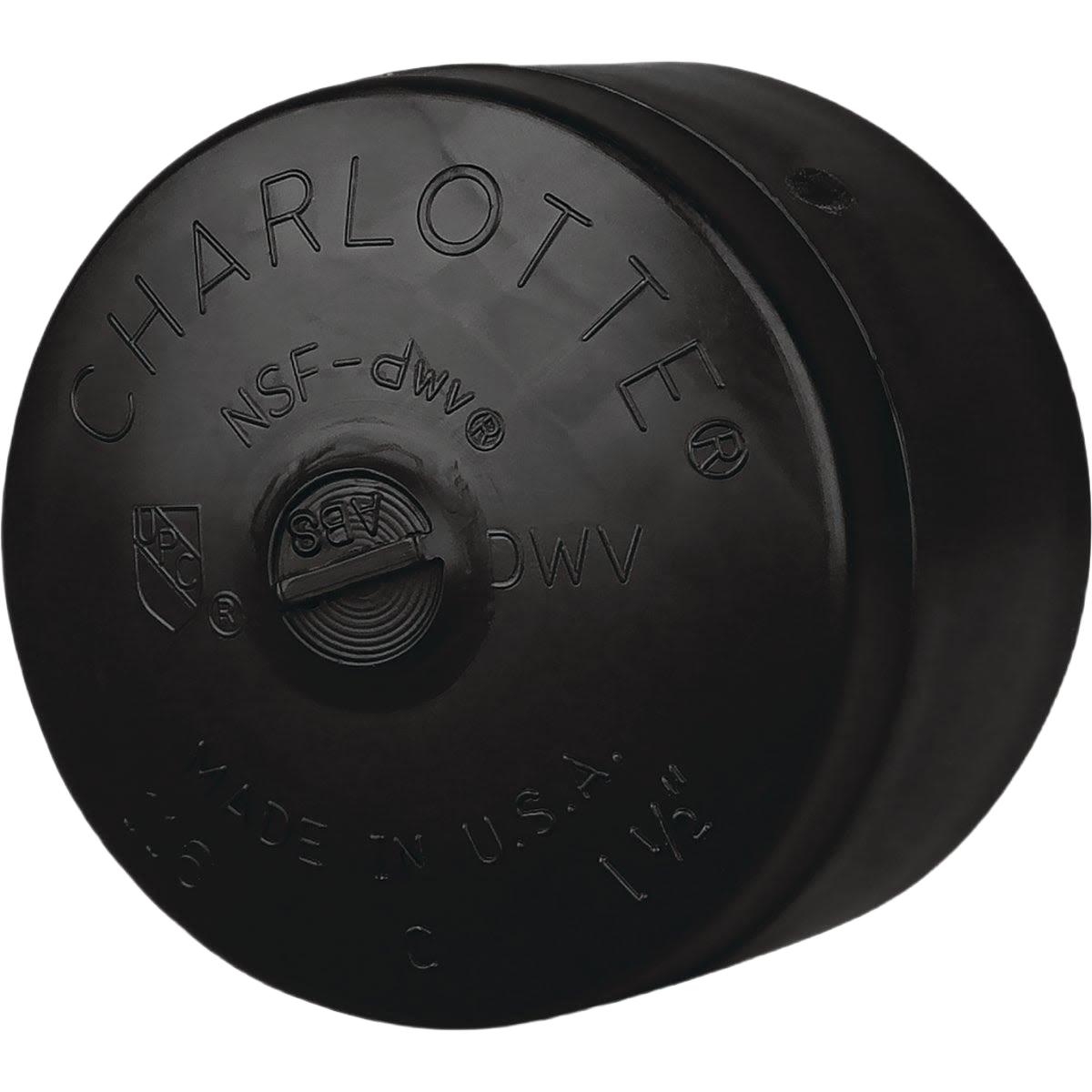 Black ABS pipe cap with embossed Charlotte branding for plumbing in Pipes & Fittings and Home Improvement collections