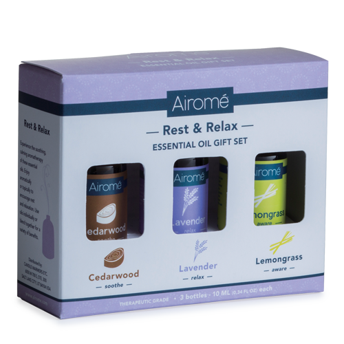 Boxed set of three essential oils with cedarwood, lavender, and lemongrass scents for relaxation and wellness use