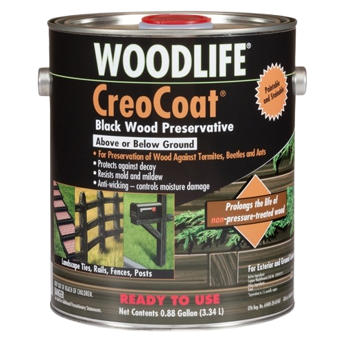 Black wood preservative can with handle, featuring protective claims and intended for outdoor wood surfaces use