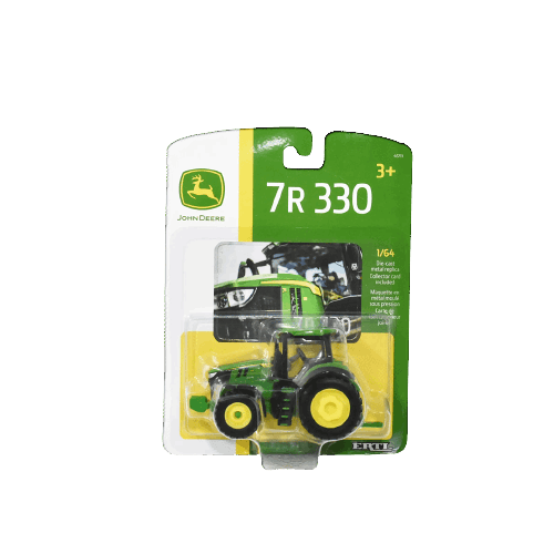 Green and yellow 1/64 scale toy tractor in blister pack with John Deere logo and model number 7R 330 on packaging