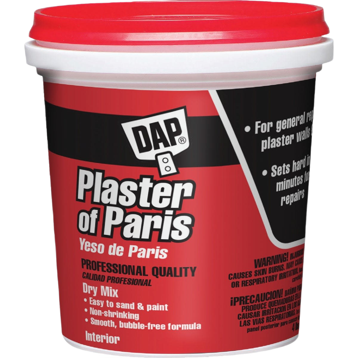 Container of white plaster powder dry mix for interior home improvement and repair projects with red lid