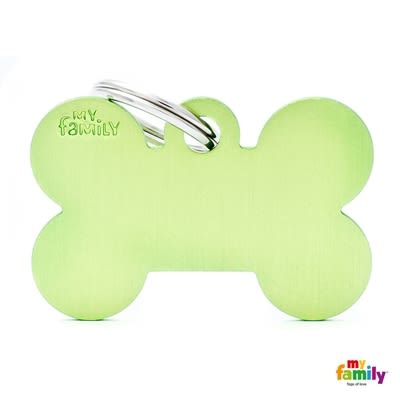 Green bone-shaped pet ID tag with metal ring for secure attachment and engraved MyFamily logo in corner