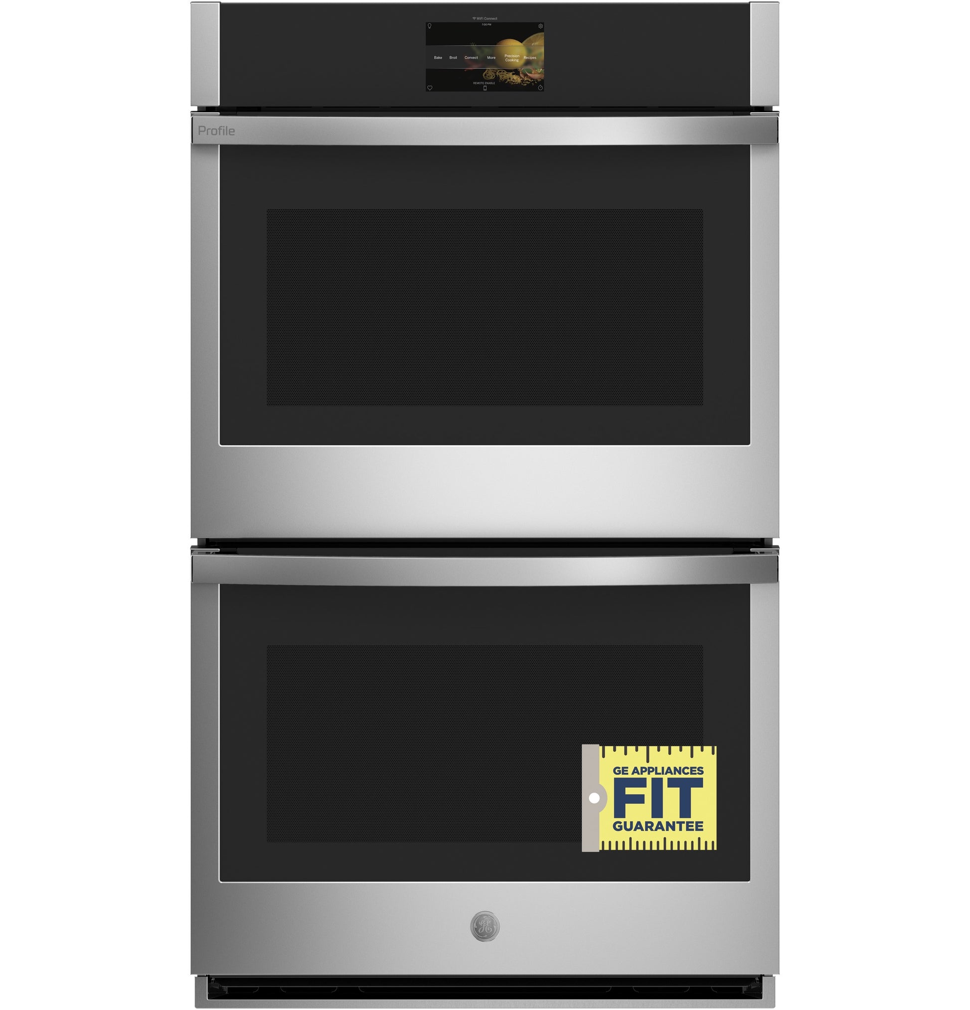 Stainless steel smart double wall oven with touchscreen, part of kitchen appliances for home improvement.