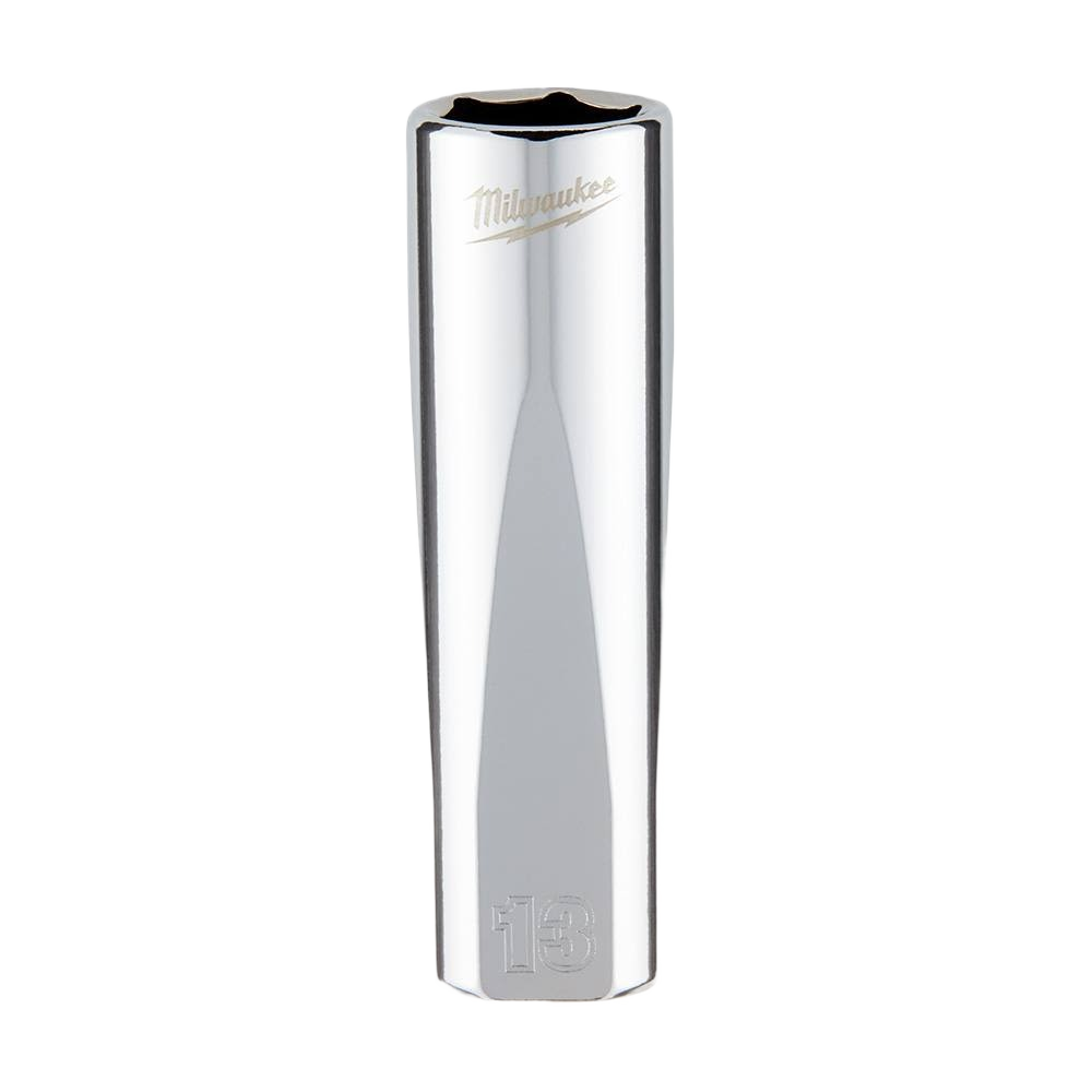 Chrome-finished 13mm deep socket with 6-point design and FOUR FLAT™ sides for hand tools and home improvement use