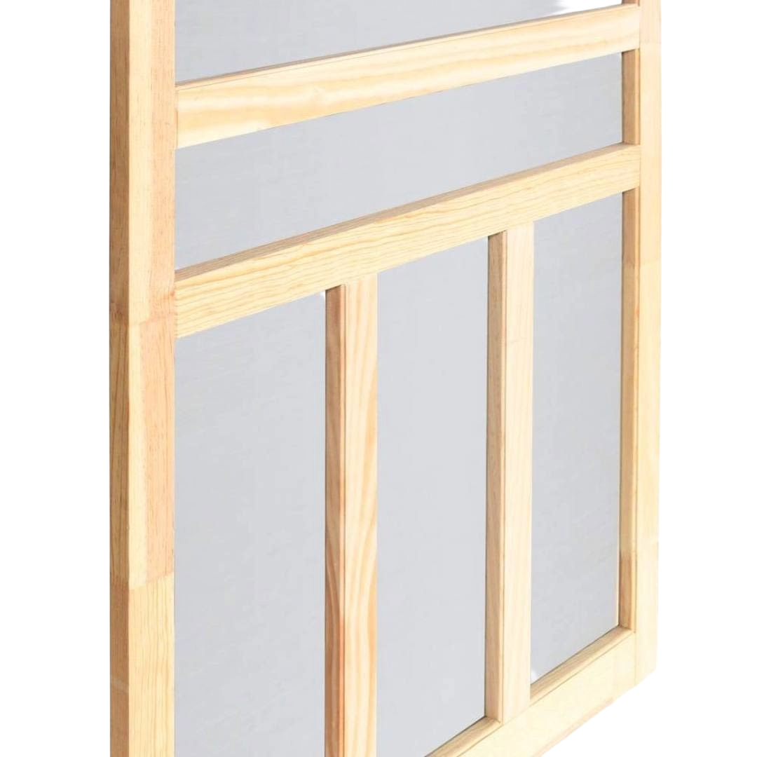 Natural wood T-bar screen door panel with clear mesh, suitable for exterior doors and home improvement projects.
