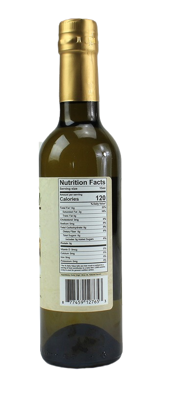 Bottle of white truffle flavored olive oil showing nutrition facts label and gold foil sealed cap