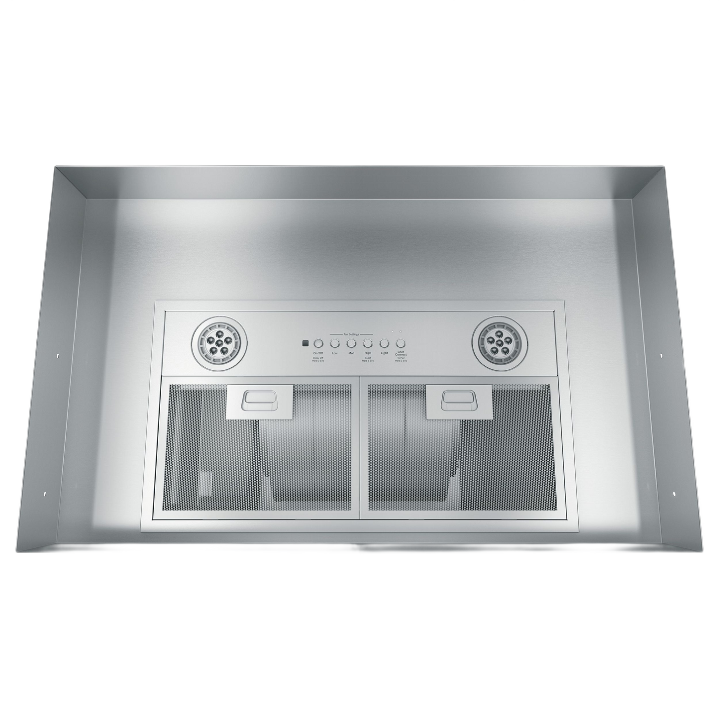 Stainless steel 20-inch custom hood insert with dual fans and dimmable LED lighting for range hoods collection